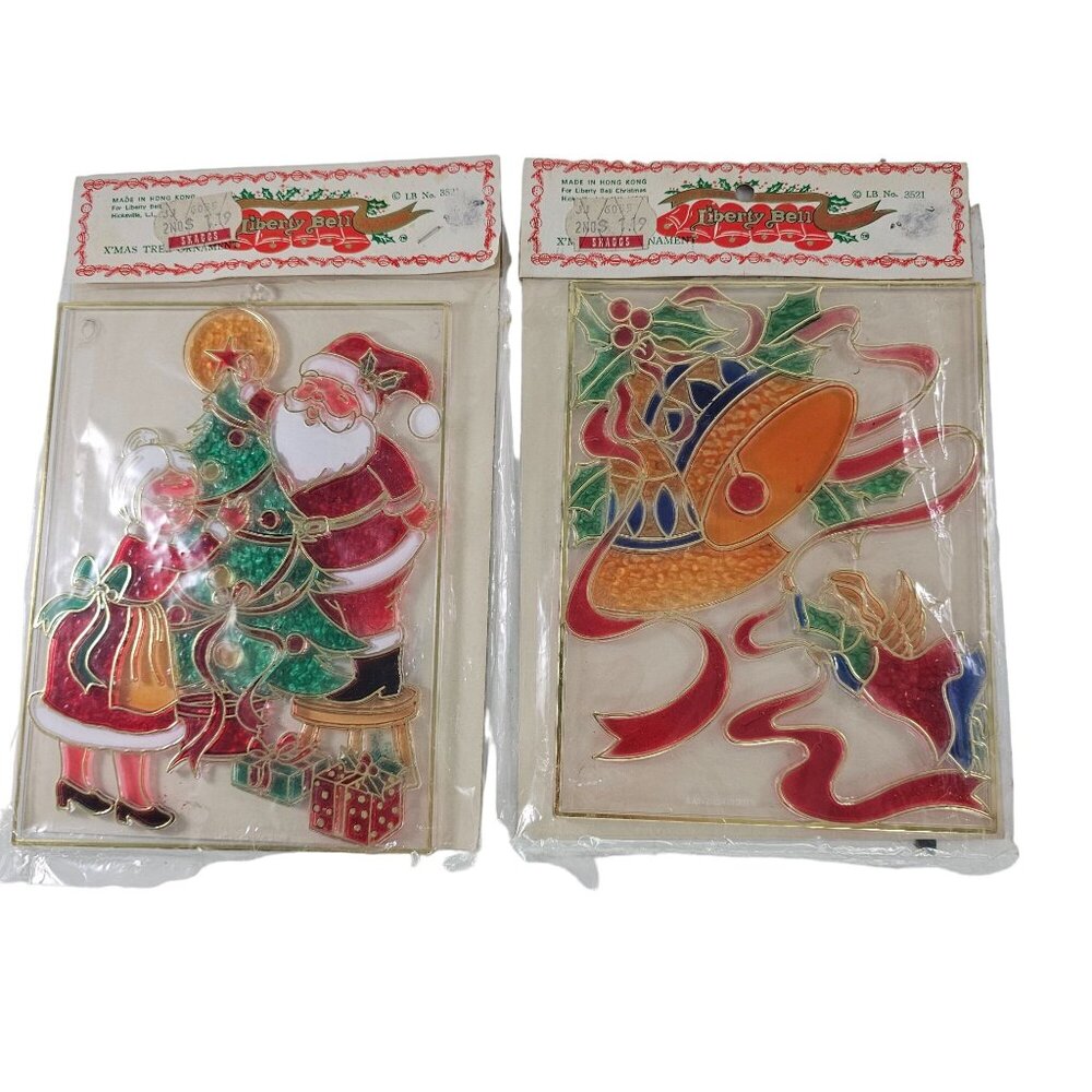 Vintage Liberty Bell Christmas Plastic Stained Glass Ornaments NOS Set of 2
